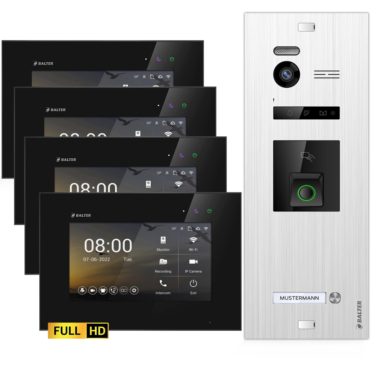 HD Video T&uuml;rsprechanlage mit Fingerprint und RFID f&uuml;r 1 Familienhaus, 4x Monitore, Balter EVO HD Fingerprint
