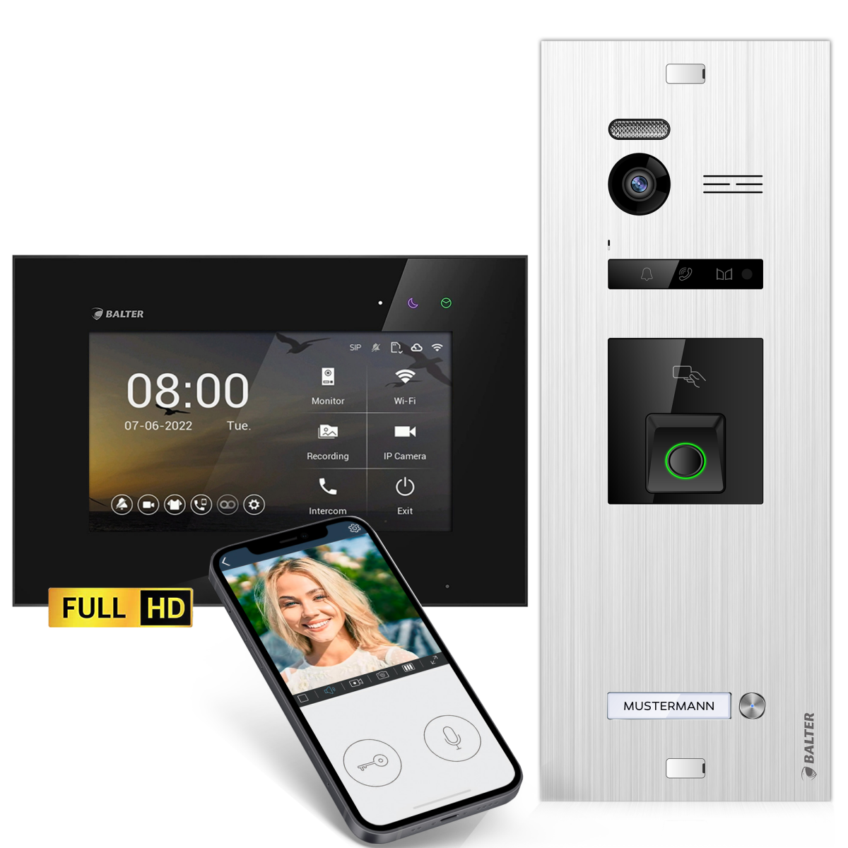 HD Video T&uuml;rsprechanlage mit Fingerprint RFID und Smartphone App f&uuml;r 1 Familienhaus, 1x Monitor, Balter EVO HD Fingerprint