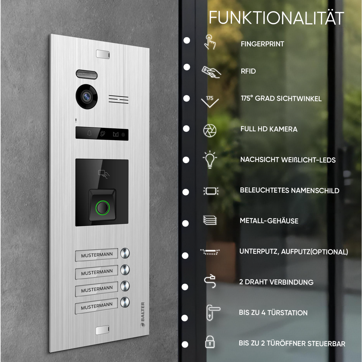 HD Video T&uuml;rsprechanlage mit Fingerprint und RFID f&uuml;r 4 Familienhaus, 4x Monitore, Balter EVO HD Fingerprint