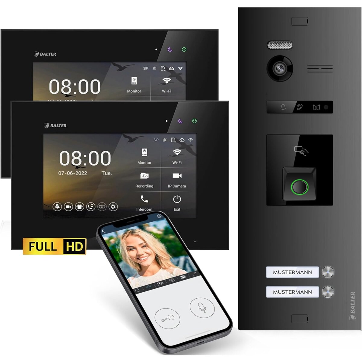 HD Video T&uuml;rsprechanlage mit Fingerprint RFID und Smartphone App f&uuml;r 2 Familienhaus, 2x Monitore, Balter EVO HD Fingerprint