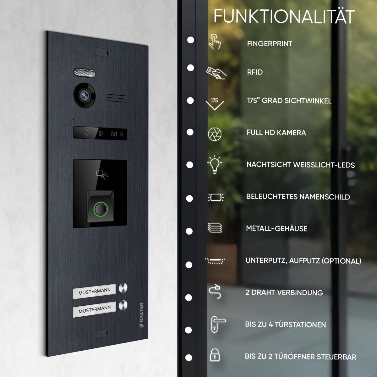 HD Video T&uuml;rsprechanlage mit Fingerprint RFID und Smartphone App f&uuml;r 2 Familienhaus, 2x Monitore, Balter EVO HD Fingerprint
