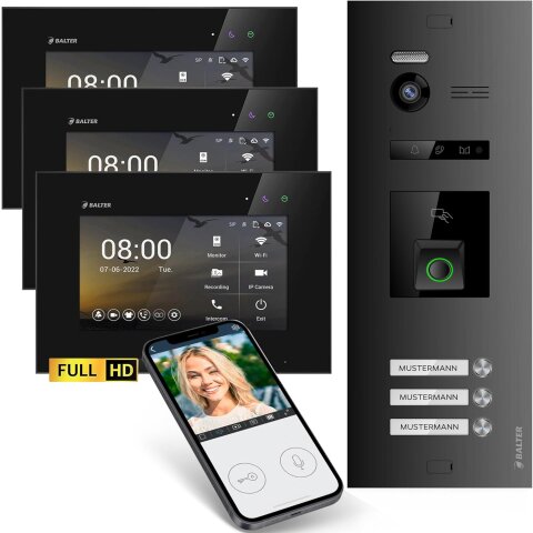 HD Video T&uuml;rsprechanlage mit Fingerprint RFID und Smartphone App f&uuml;r 3 Familienhaus, 3x Monitore, Balter EVO HD Fingerprint