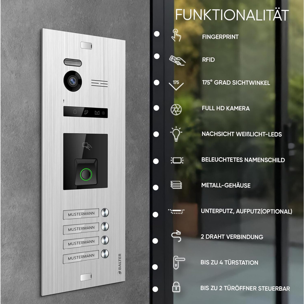 Balter EVO HD Video T&uuml;rsprechanlage mit Fingerprint und RFID f&uuml;r 4 Familienhaus, 4x Monitore