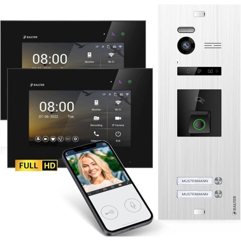 HD Video T&uuml;rsprechanlage mit Fingerprint RFID und Smartphone App f&uuml;r 2 Familienhaus, 2x Monitore, Balter EVO HD Fingerprint