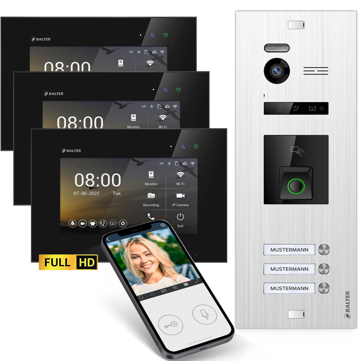 HD Video T&uuml;rsprechanlage mit Fingerprint RFID und Smartphone App f&uuml;r 3 Familienhaus, 3x Monitore, Balter EVO HD Fingerprint