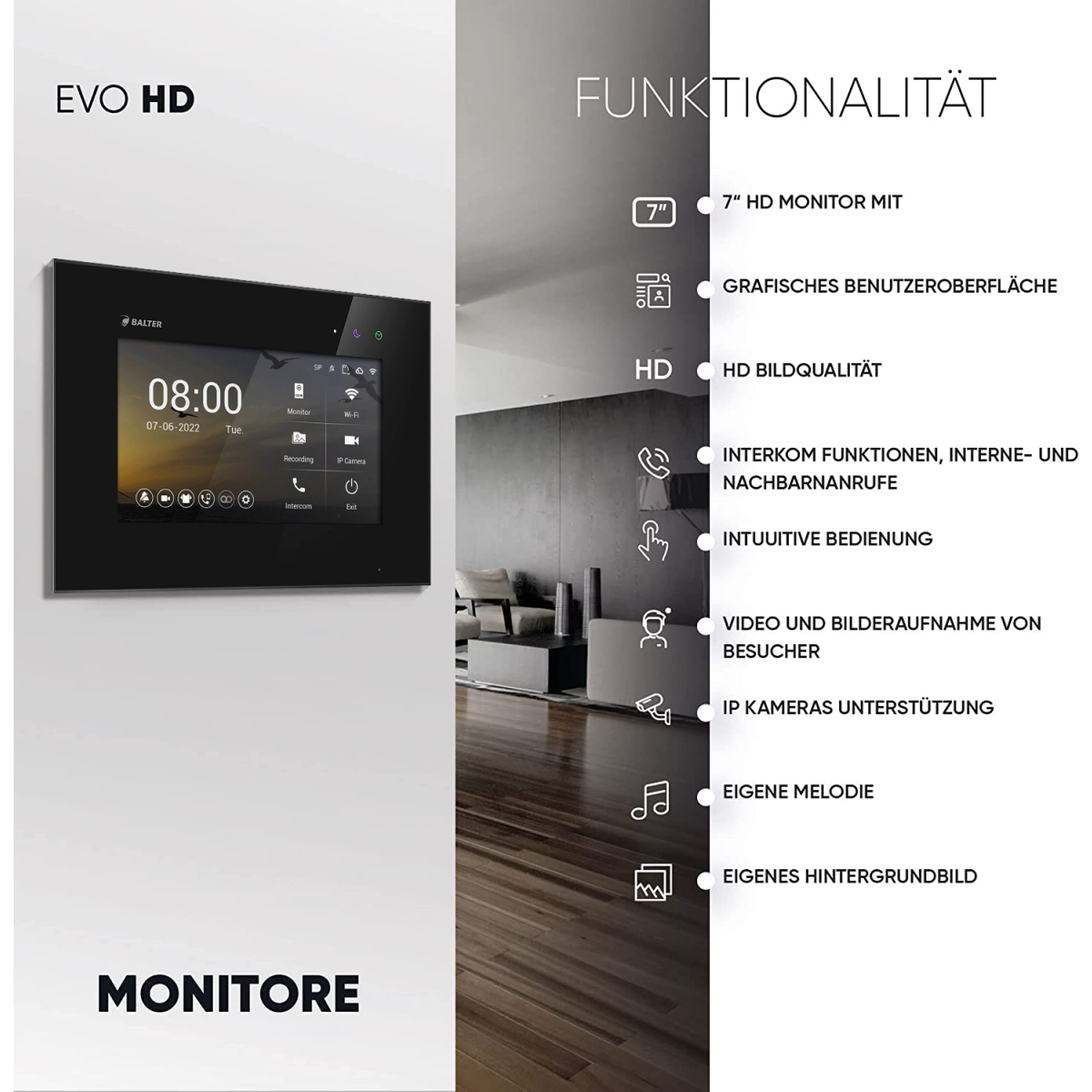 HD Video T&uuml;rsprechanlage mit Fingerprint RFID und Smartphone App f&uuml;r 3 Familienhaus, 3x Monitore, Balter EVO HD Fingerprint