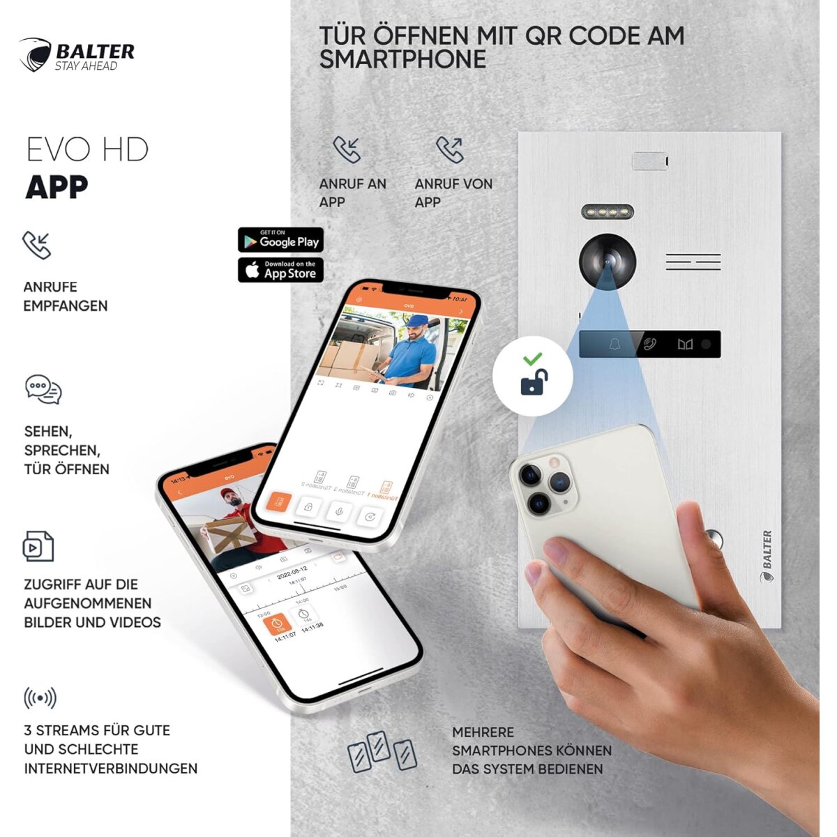 HD Video T&uuml;rsprechanlage mit Fingerprint RFID und Smartphone App f&uuml;r 3 Familienhaus, 3x Monitore, Balter EVO HD Fingerprint