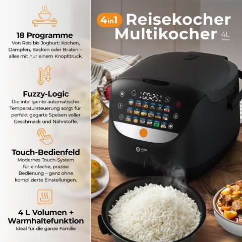Balter MK-01 Reiskocher Multikocher mit 18 Programme, 4L Rice Cooker mit Fuzzy-Logic, Dampfgarer