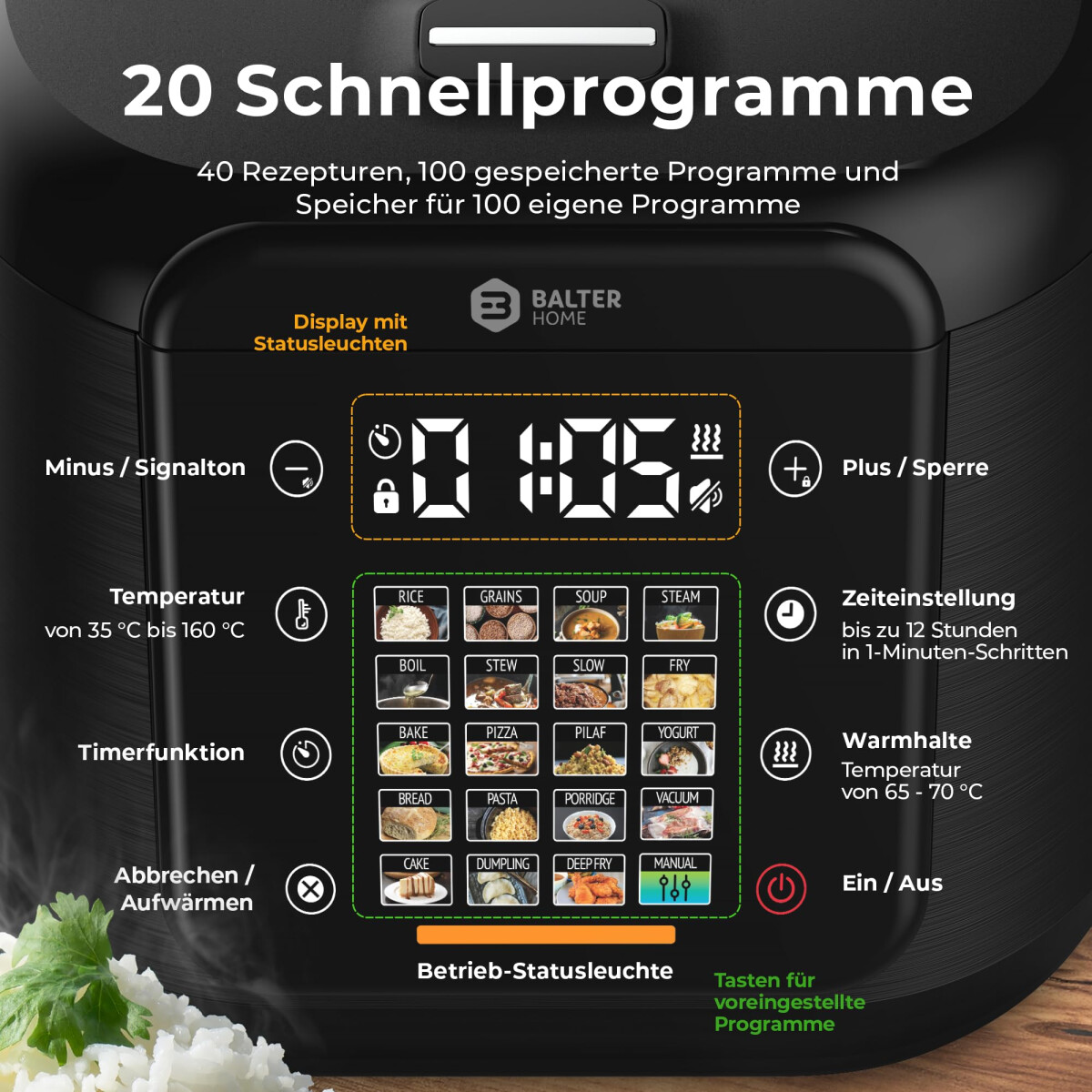 Balter Multikocher MK-02 Reiskocher mit 20 Programme, 4L Rice Cooker, Fuzzy-Logic, Dampfgarer