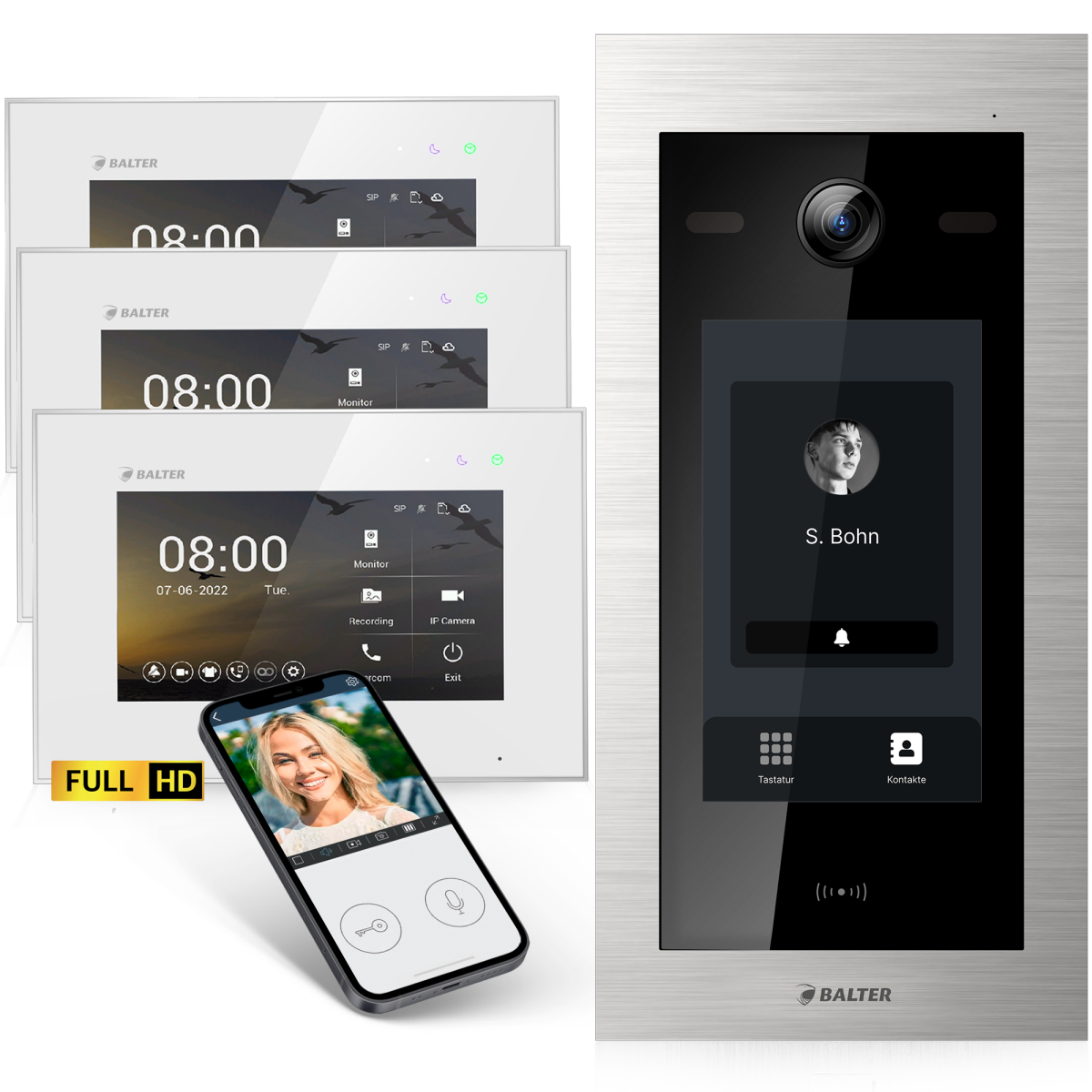 HD Video T&uuml;rsprechanlage mit Touchscreen und RFID f&uuml;r 1 Familienhaus, 3x Monitore, Balter EVO HD Touch
