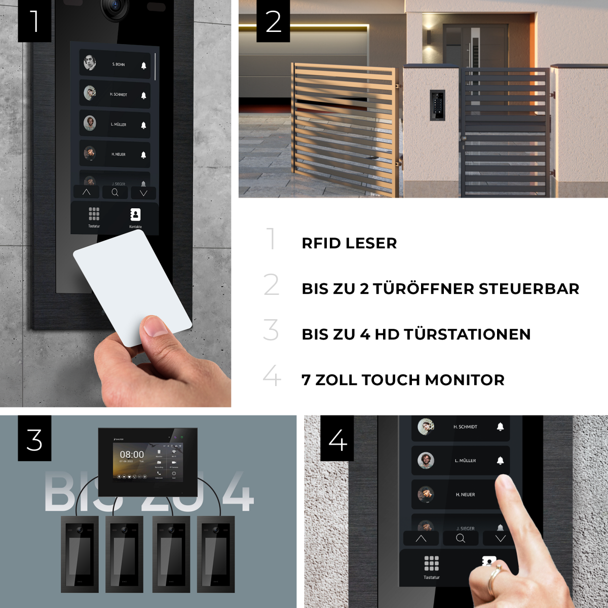 HD Video T&uuml;rsprechanlage mit Touchscreen und RFID f&uuml;r 1 Familienhaus, 2x Monitore, Balter EVO HD Touch Schwarz