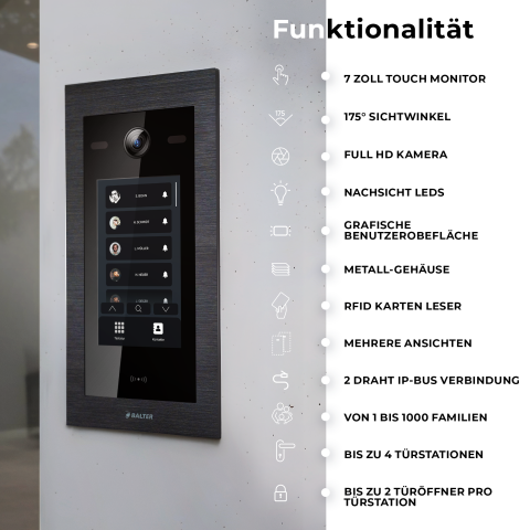 HD Video T&uuml;rsprechanlage mit Touchscreen und RFID f&uuml;r 1 Familienhaus, 2x Monitore, Balter EVO HD Touch Schwarz