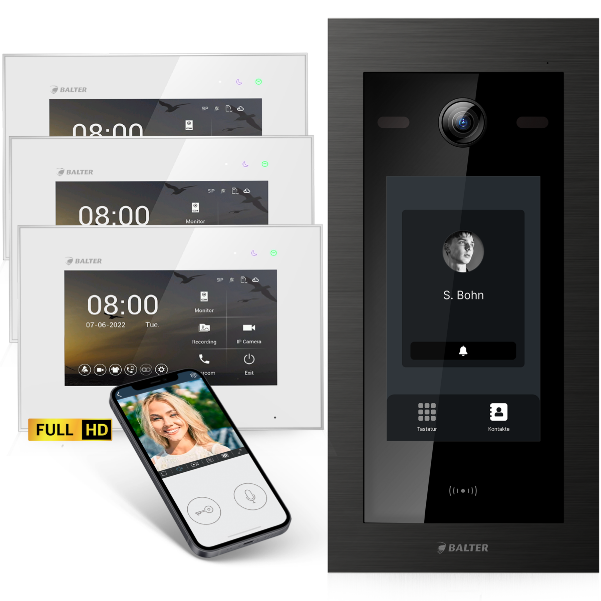 HD Video T&uuml;rsprechanlage mit Touchscreen und RFID f&uuml;r 1 Familienhaus, 3x Monitore, Balter EVO HD Touch Schwarz