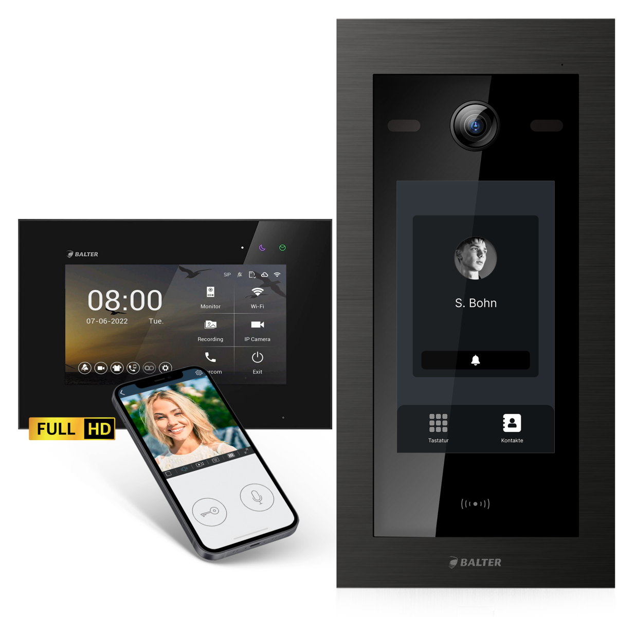 HD Video T&uuml;rsprechanlage mit Touchscreen und RFID f&uuml;r 1 Familienhaus, 1x Monitor, Balter EVO HD Touch Schwarz