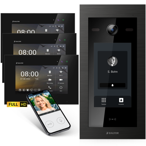 HD Video T&uuml;rsprechanlage mit Touchscreen und RFID f&uuml;r 1 Familienhaus, 3x Monitore, Balter EVO HD Touch Schwarz