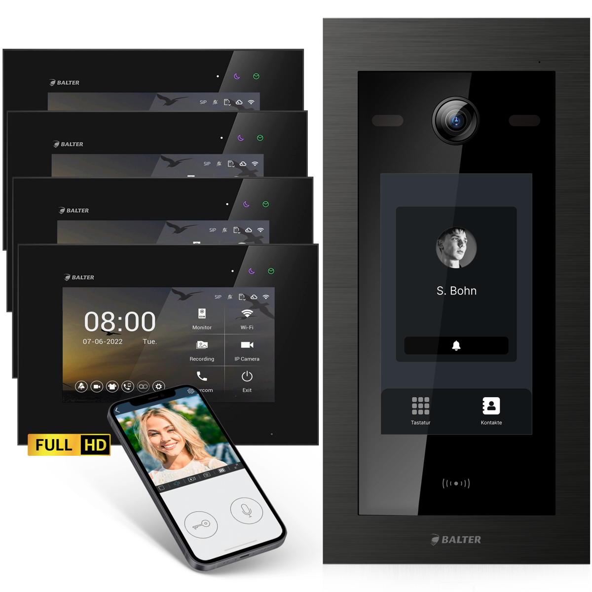 HD Video T&uuml;rsprechanlage mit Touchscreen und RFID f&uuml;r 1 Familienhaus, 4x Monitore, Balter EVO HD Touch Schwarz