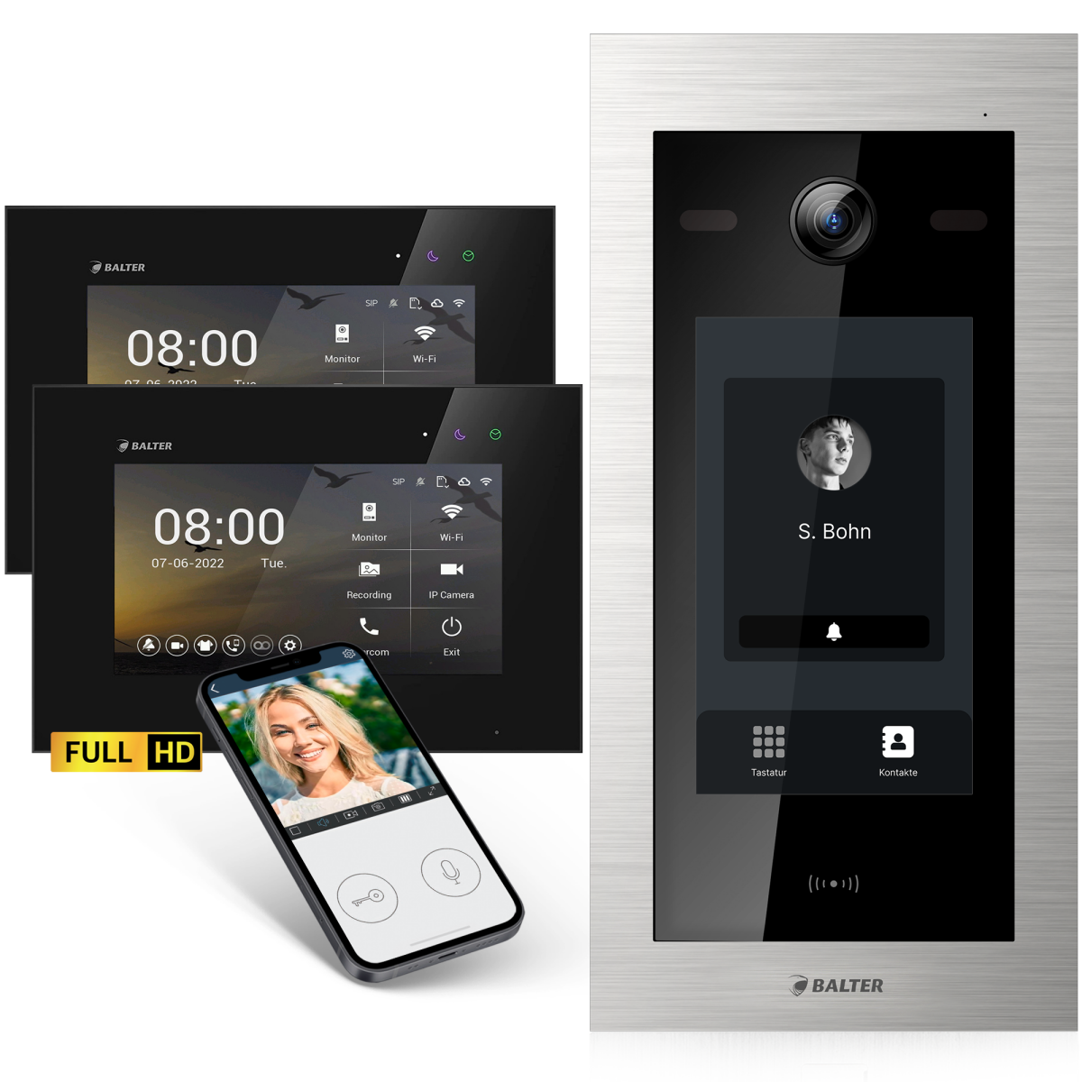 HD Video T&uuml;rsprechanlage mit Touchscreen und RFID f&uuml;r 1 Familienhaus, 2x Monitore, Balter EVO HD Touch
