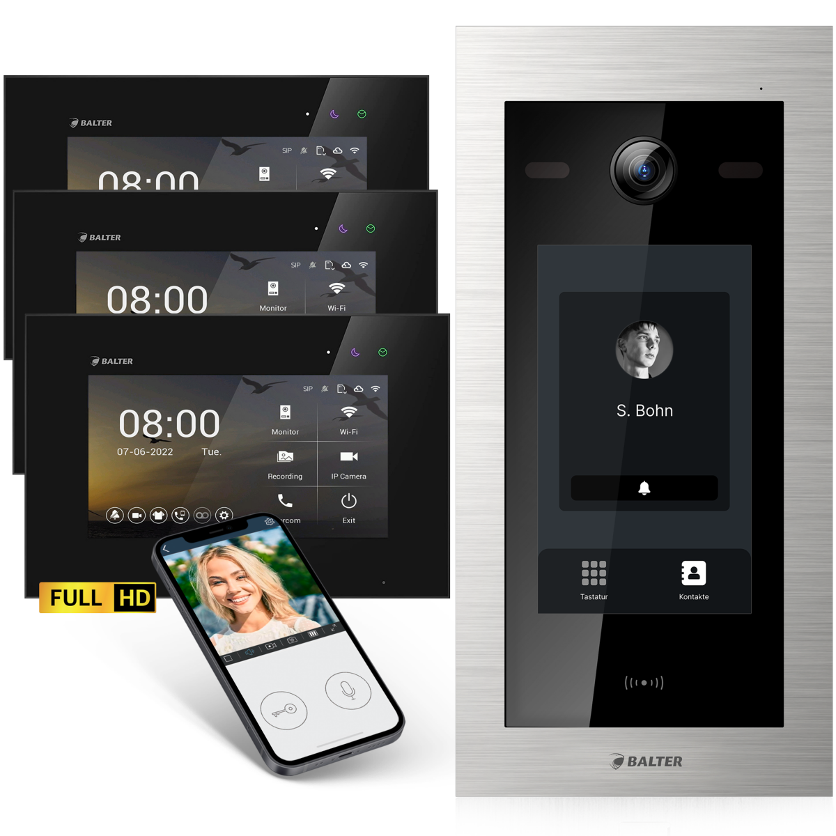 HD Video T&uuml;rsprechanlage mit Touchscreen und RFID f&uuml;r 1 Familienhaus, 3x Monitore, Balter EVO HD Touch