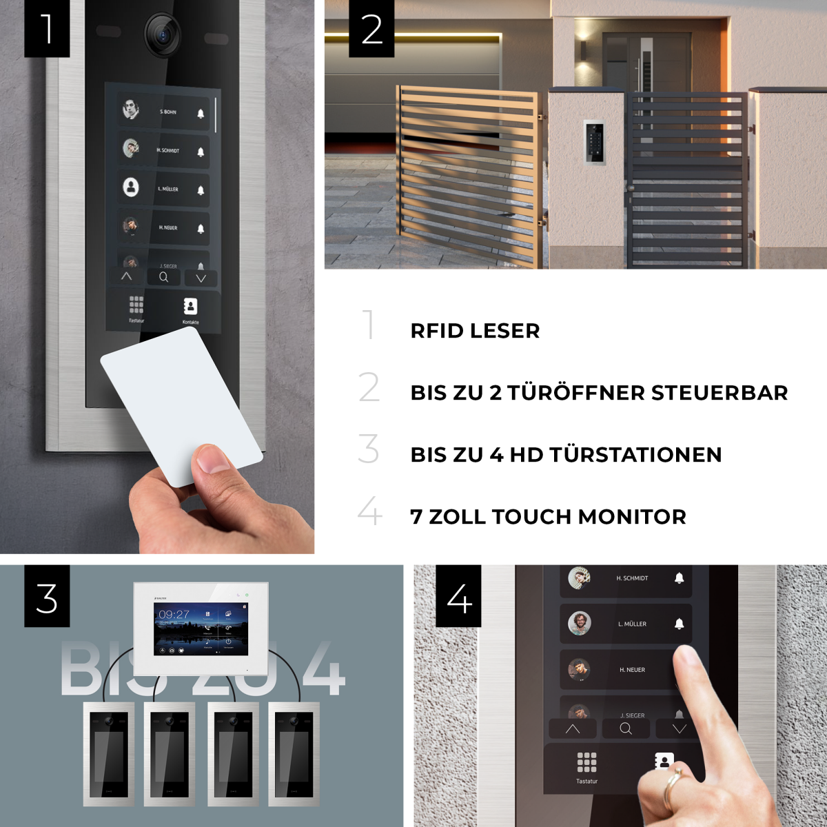 HD Video T&uuml;rsprechanlage mit Touchscreen und RFID f&uuml;r 1 Familienhaus, 3x Monitore, Balter EVO HD Touch