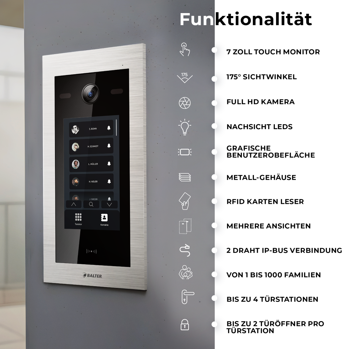 HD Video T&uuml;rsprechanlage mit Touchscreen und RFID f&uuml;r 4 Familienhaus, 4x Monitore, Balter EVO HD Touch