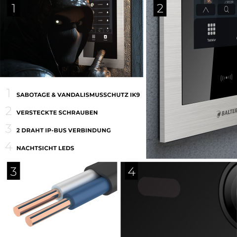 HD Video T&uuml;rsprechanlage mit Touchscreen und RFID f&uuml;r 4 Familienhaus, 4x Monitore, Balter EVO HD Touch