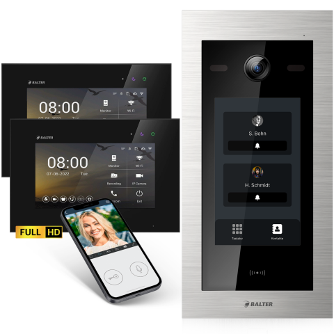 HD Video T&uuml;rsprechanlage mit Touchscreen und RFID f&uuml;r 2 Familienhaus, 2x Monitore, Balter EVO HD Touch