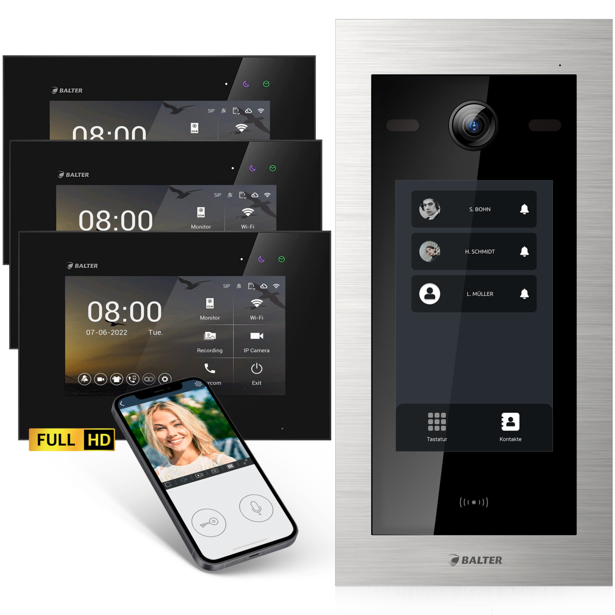 HD Video T&uuml;rsprechanlage mit Touchscreen und RFID f&uuml;r 3 Familienhaus, 3x Monitore, Balter EVO HD Touch