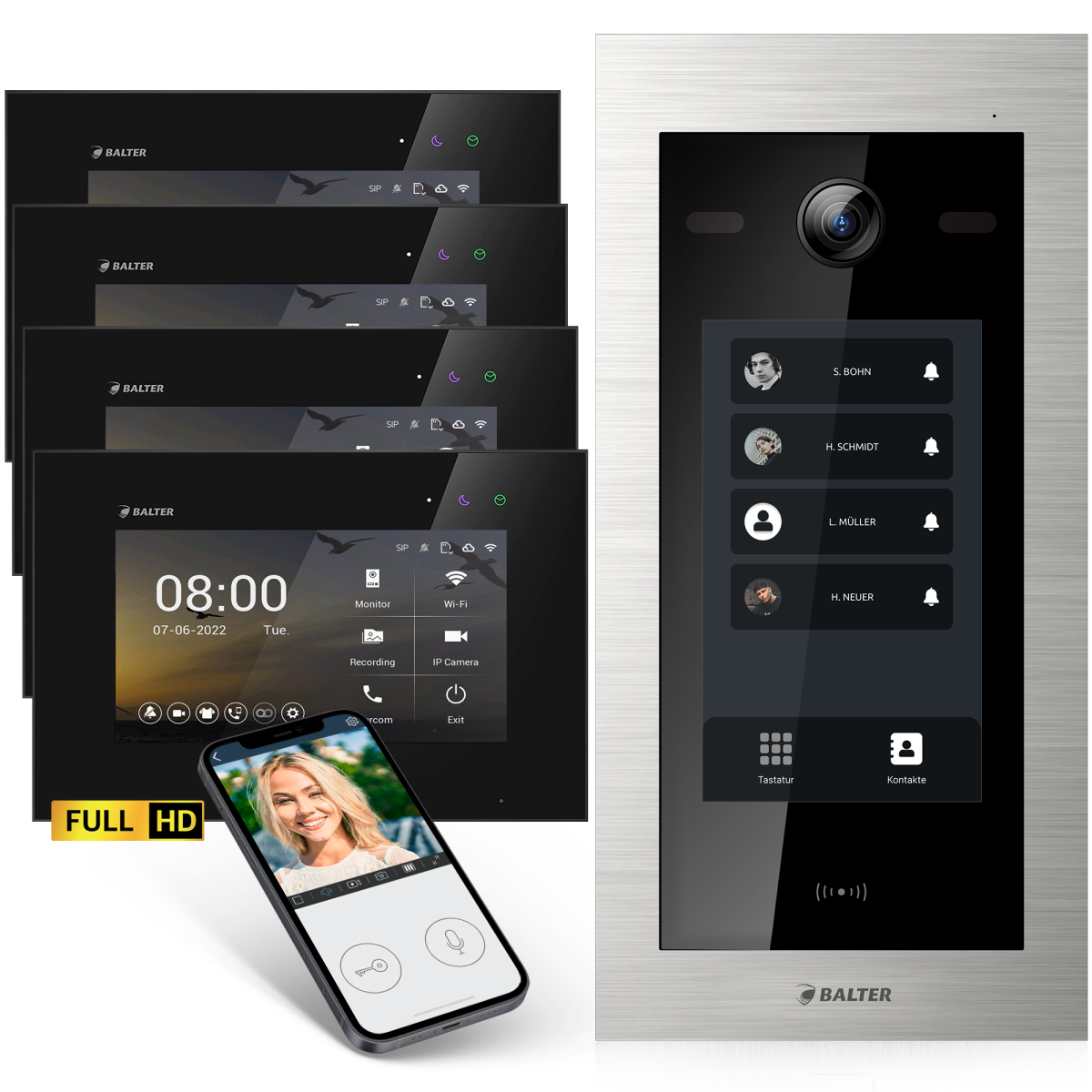 HD Video T&uuml;rsprechanlage mit Touchscreen und RFID f&uuml;r 4 Familienhaus, 4x Monitore, Balter EVO HD Touch