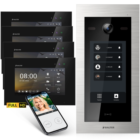 HD Video T&uuml;rsprechanlage mit Touchscreen und RFID f&uuml;r 4 Familienhaus, 4x Monitore, Balter EVO HD Touch