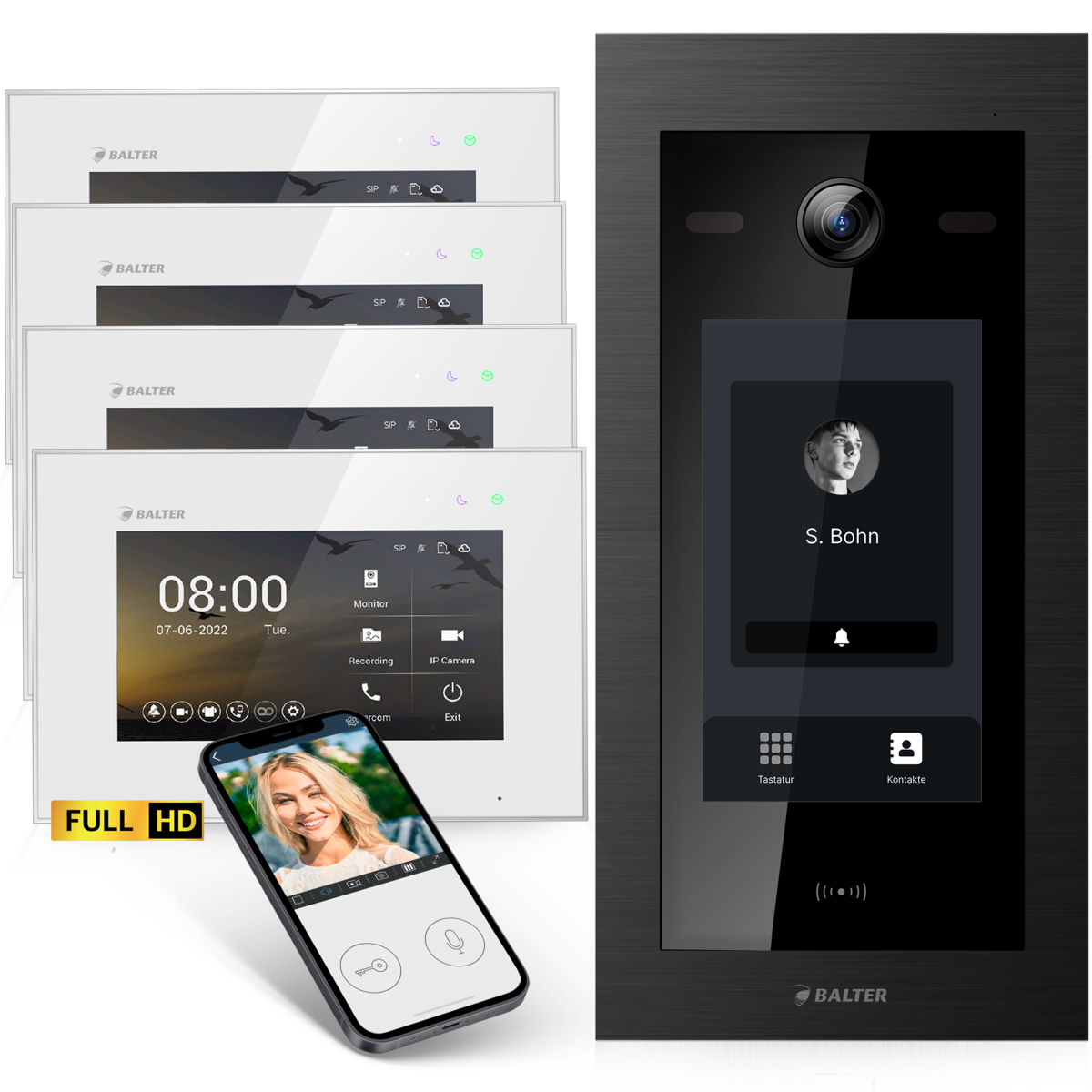 HD Video T&uuml;rsprechanlage mit Touchscreen und RFID f&uuml;r 4 Familienhaus, 4x Monitore, Balter EVO HD Touch Schwarz
