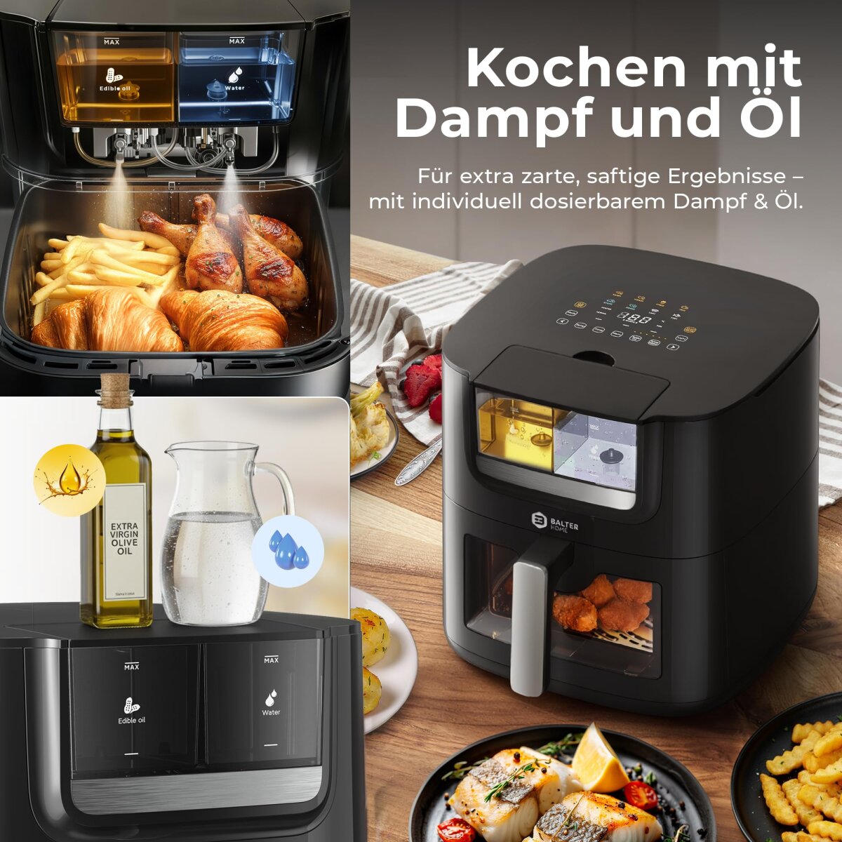 Balter Hei&szlig;luftfritteuse Airfryer mit &Ouml;l- &amp; Wasser-Spray Funktion f&uuml;r extra knusprige Speisen, 7,2L XXL, HL-710