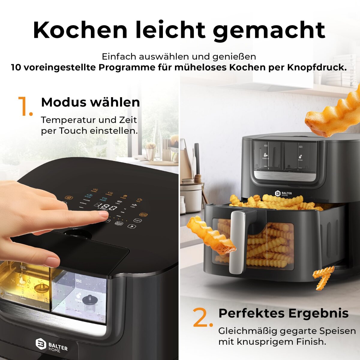 Balter Hei&szlig;luftfritteuse Airfryer mit &Ouml;l- &amp; Wasser-Spray Funktion f&uuml;r extra knusprige Speisen, 7,2L XXL, HL-710