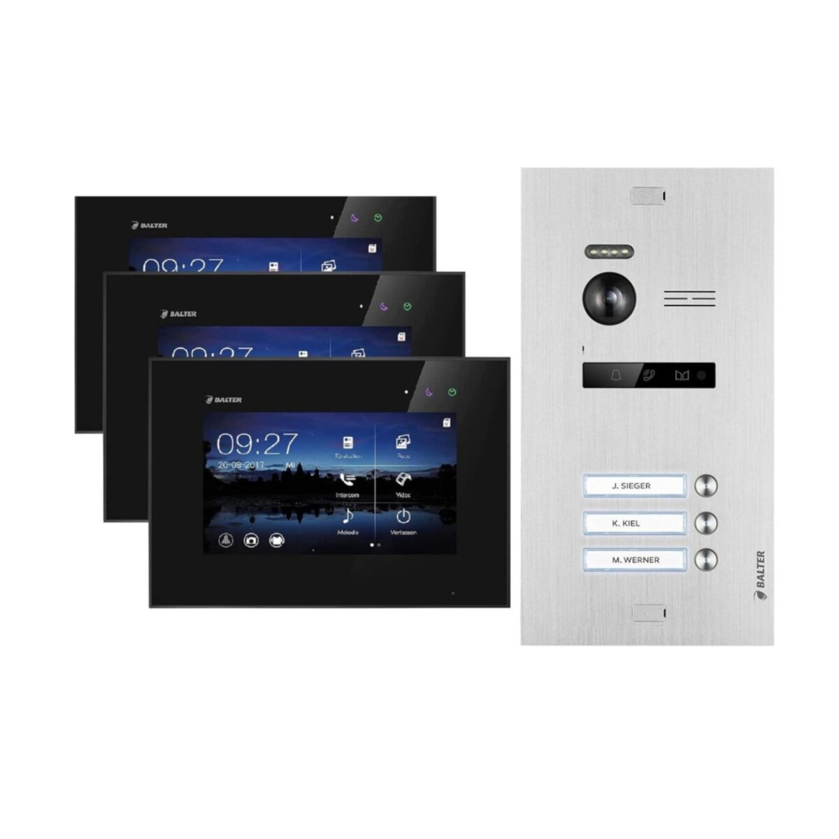 Balter EVO Video-T&uuml;rsprechanlage f&uuml;r Dreifamilienhaus mit 3x 7 Zoll Monitor Silber Schwarz