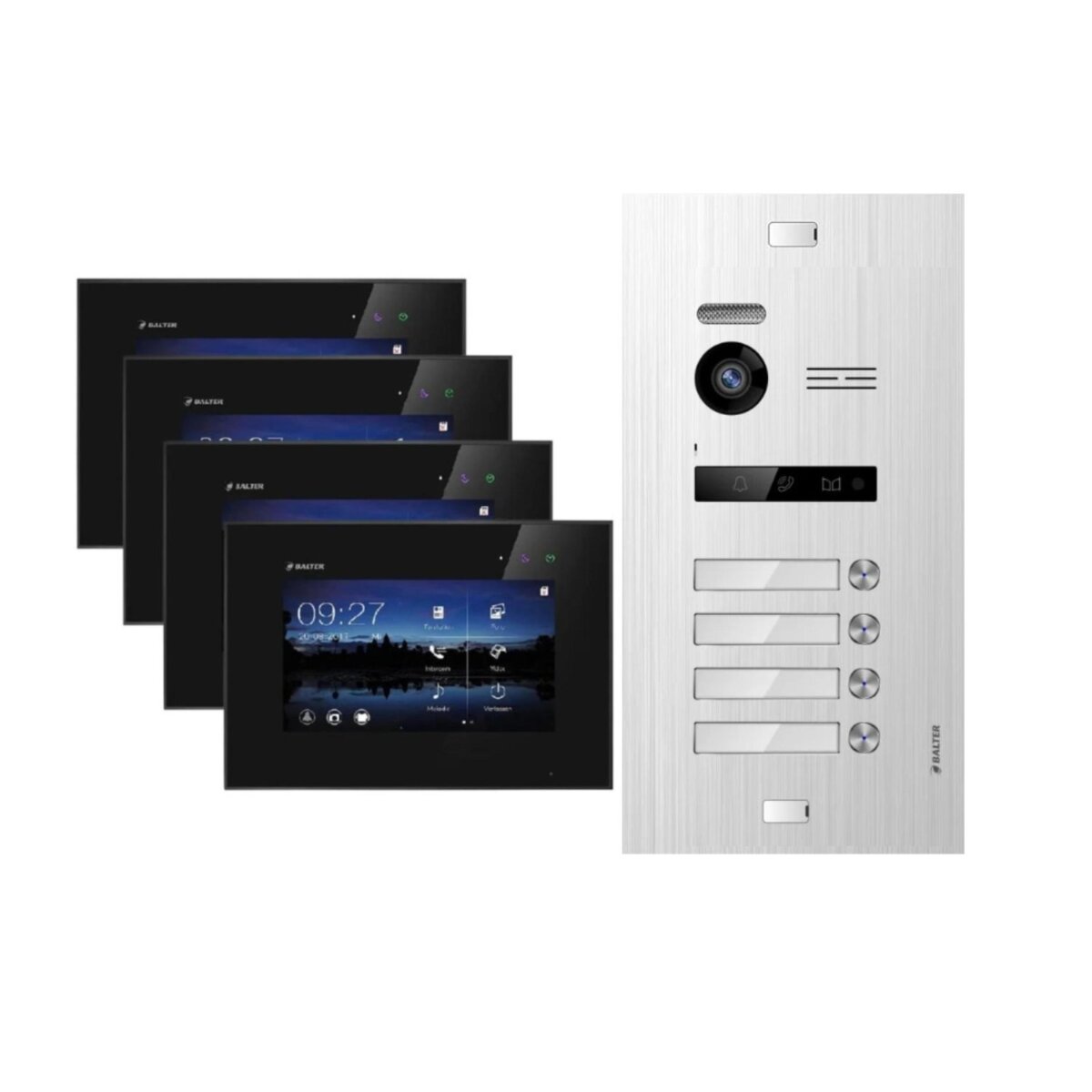 Balter EVO Video-T&uuml;rsprechanlage f&uuml;r Vierfamilienhaus mit 4x 7 Zoll Monitor Silber Schwarz