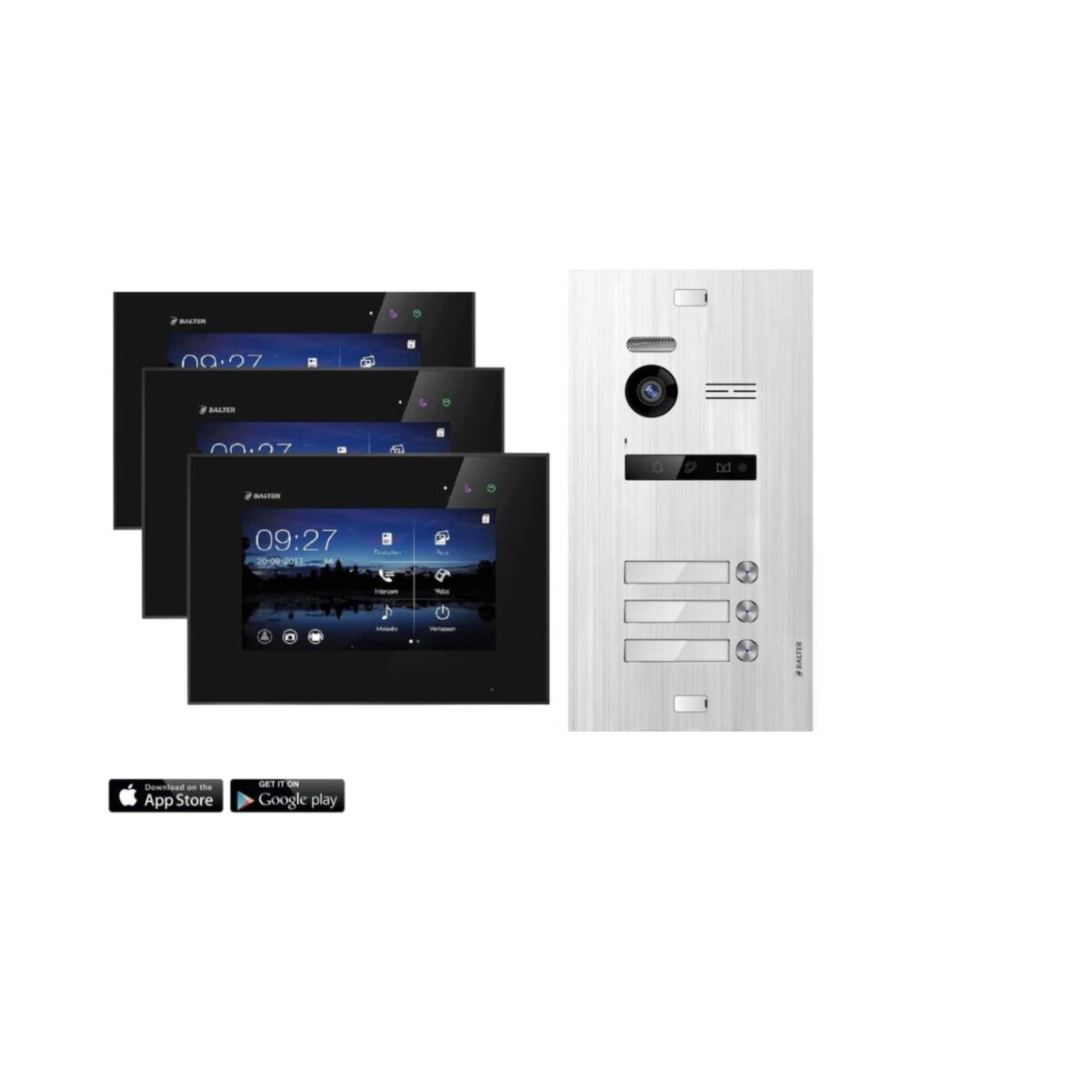 Video T&uuml;rsprechanlage mit Smartphone App f&uuml;r 3 Familienhaus, 3x Monitore, Balter EVO WLAN