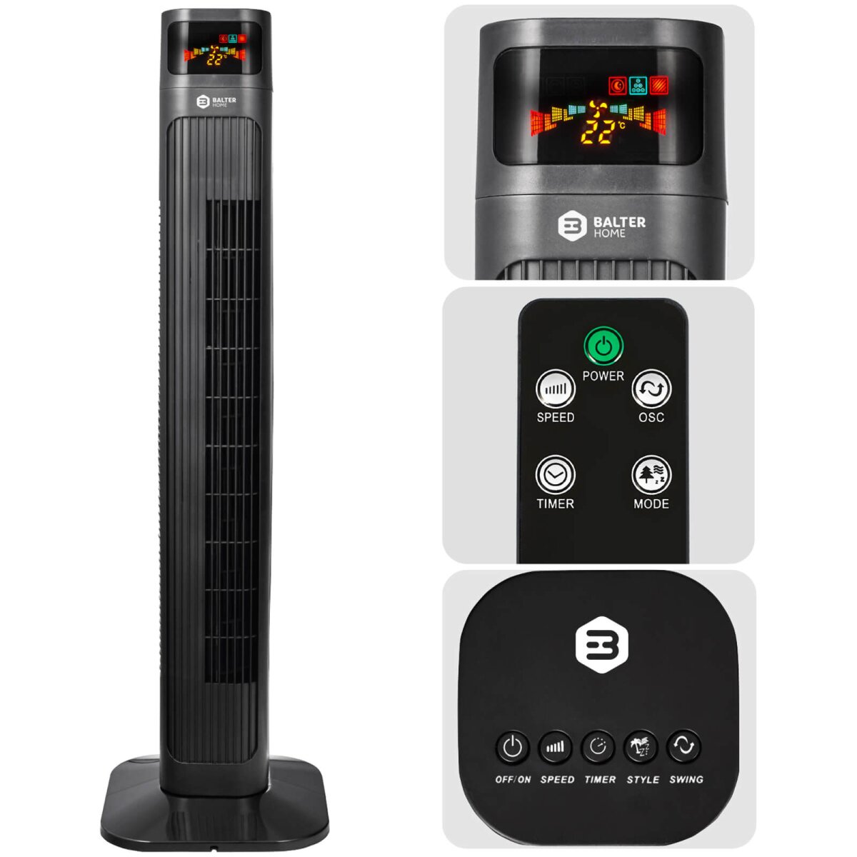 Balter VT-3 Turmventilator &ndash; 98 cm, 3 Stufen, Oszillation 80&deg;, Farbdisplay, Sleep-Timer, Schlafmodus, Fernbedienung, 55 W, leise &amp; sicher, einfacher Aufbau