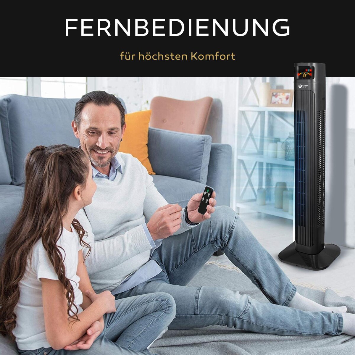 Balter VT-3 Turmventilator &ndash; 98 cm, 3 Stufen, Oszillation 80&deg;, Farbdisplay, Sleep-Timer, Schlafmodus, Fernbedienung, 55 W, leise &amp; sicher, einfacher Aufbau