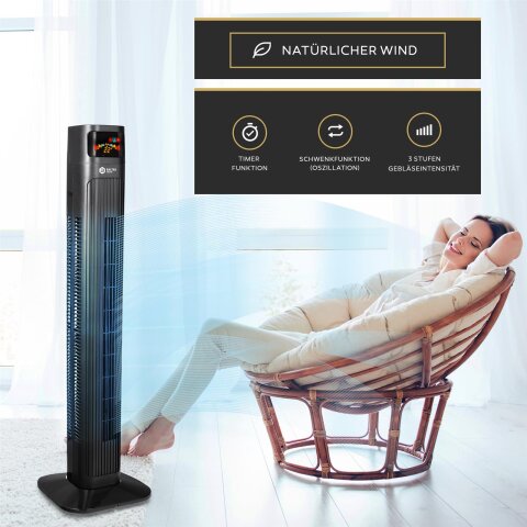 Balter VT-3 Turmventilator &ndash; 98 cm, 3 Stufen, Oszillation 80&deg;, Farbdisplay, Sleep-Timer, Schlafmodus, Fernbedienung, 55 W, leise &amp; sicher, einfacher Aufbau