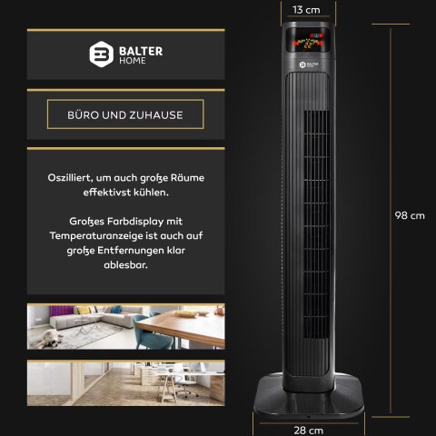 Balter VT-3 Turmventilator &ndash; 98 cm, 3 Stufen, Oszillation 80&deg;, Farbdisplay, Sleep-Timer, Schlafmodus, Fernbedienung, 55 W, leise &amp; sicher, einfacher Aufbau