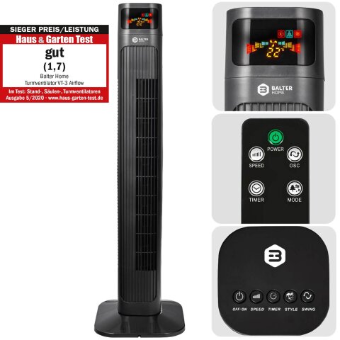 Balter VT-3 Turmventilator &ndash; 98 cm, 3 Stufen, Oszillation 80&deg;, Farbdisplay, Sleep-Timer, Schlafmodus, Fernbedienung, 55 W, leise &amp; sicher, einfacher Aufbau