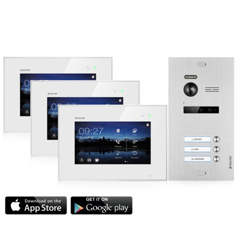Video T&uuml;rsprechanlage mit Smartphone App f&uuml;r 3 Familienhaus, 3x Monitore, Balter EVO WLAN