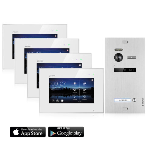 Video T&uuml;rsprechanlage mit Smartphone App f&uuml;r 1 Familienhaus, 4x Monitore, Balter EVO WLAN