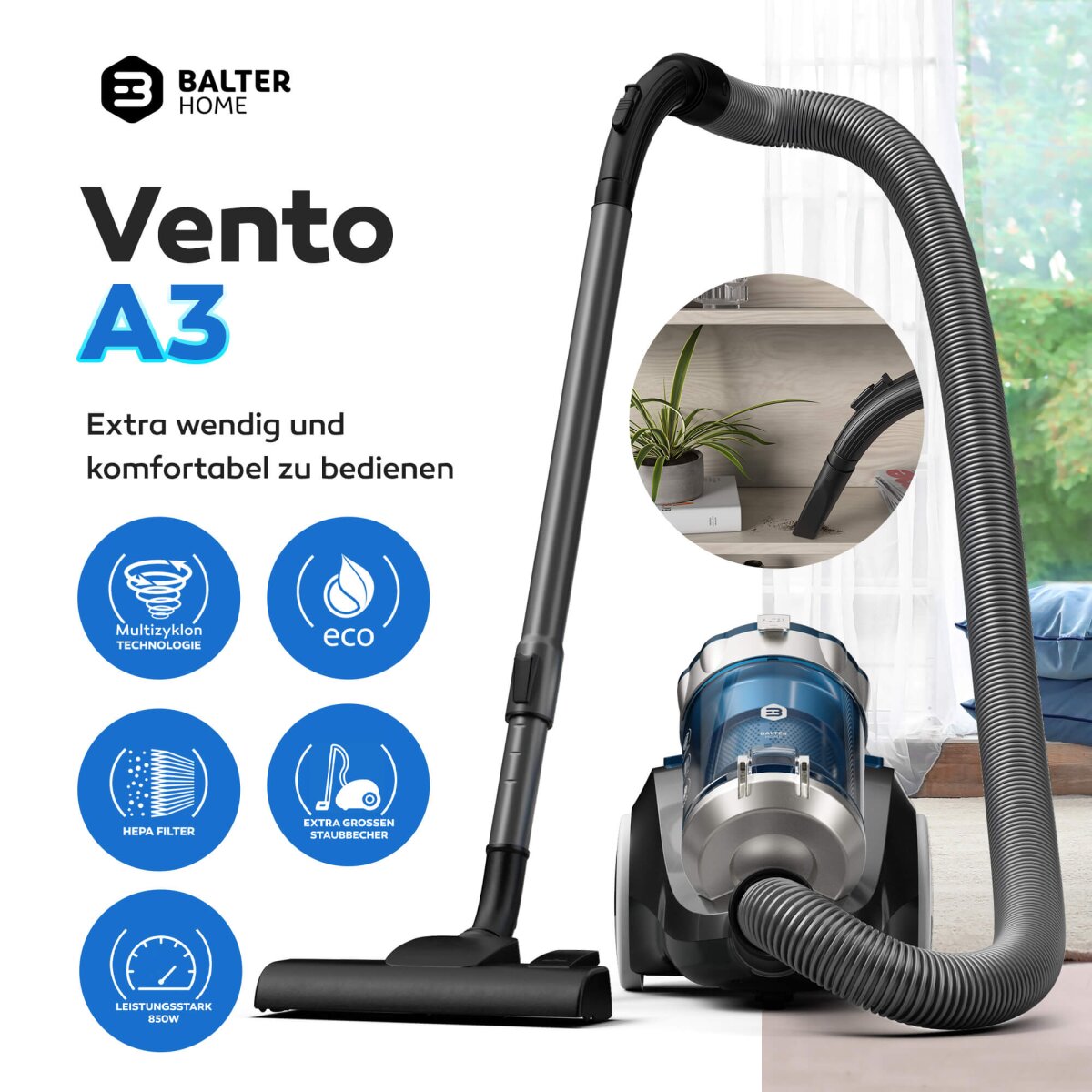 Balter Vento A3 Staubsauger beutellos, 850W hohe Saugleistung, 3L Staubbeh&auml;lter, Multizyklon, HEPA-Filter (Blau)