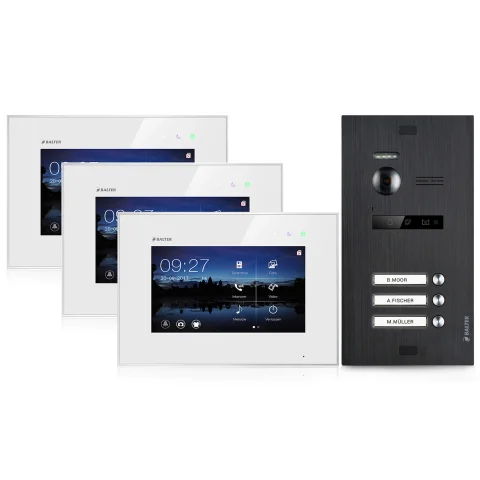 Video Türsprechanlage für 3 Familienhaus, 3x Monitore, Balter EVO Schwarz
