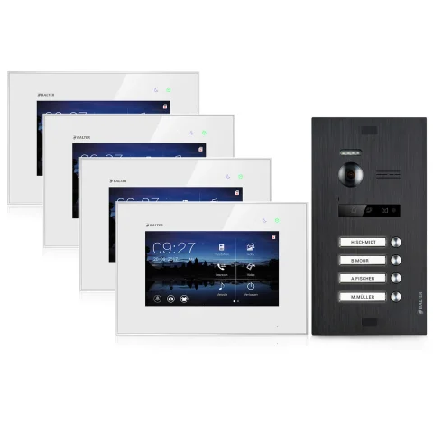 Video Türsprechanlage für 4 Familienhaus, 4x Monitore, Balter EVO Schwarz