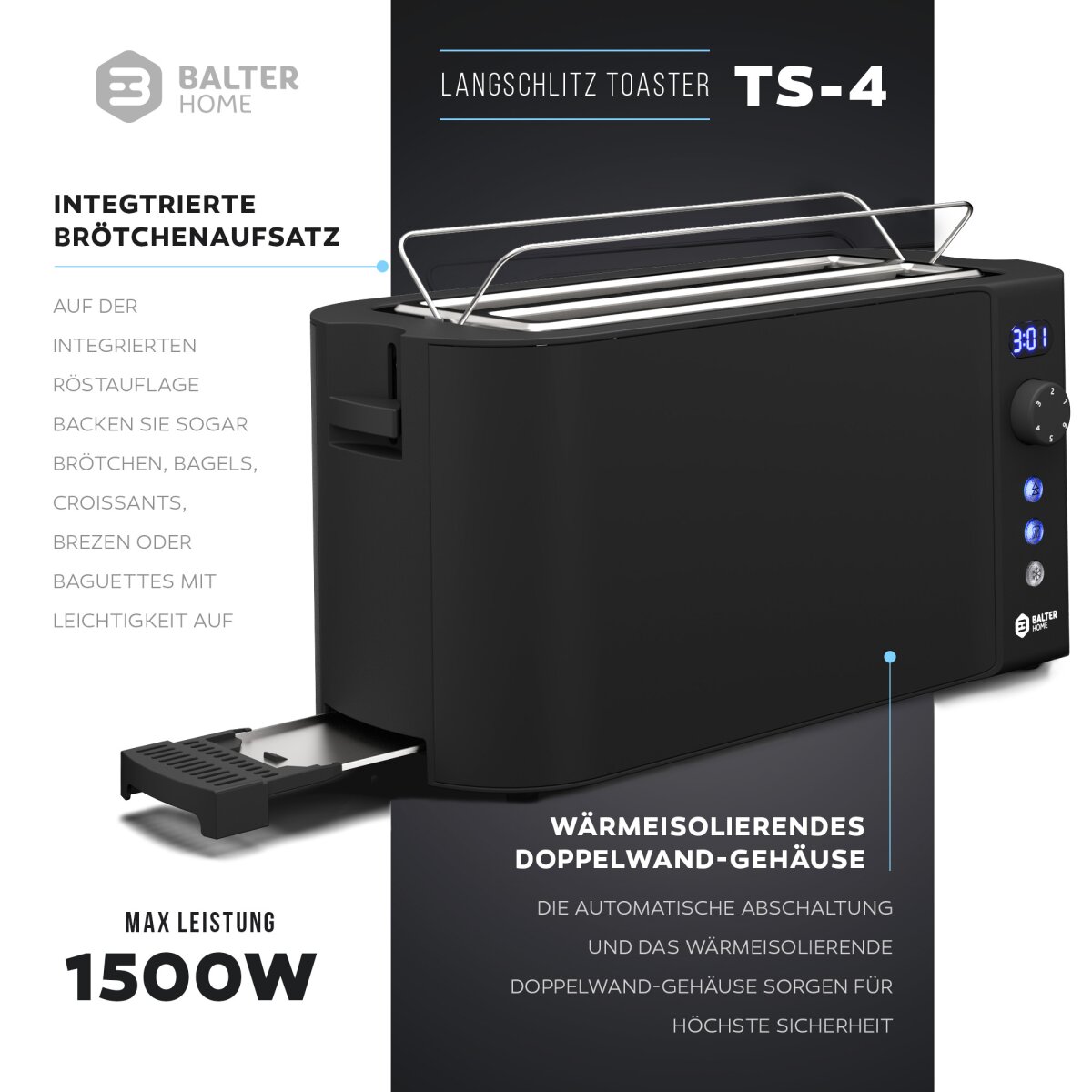 Balter Toaster TS-04-LCD Schwarz Langschlitz