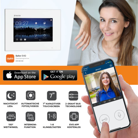 Video T&uuml;rsprechanlage mit Smartphone App f&uuml;r 1 Familienhaus, Schwarz, 1x Monitor, Balter EVO WLAN